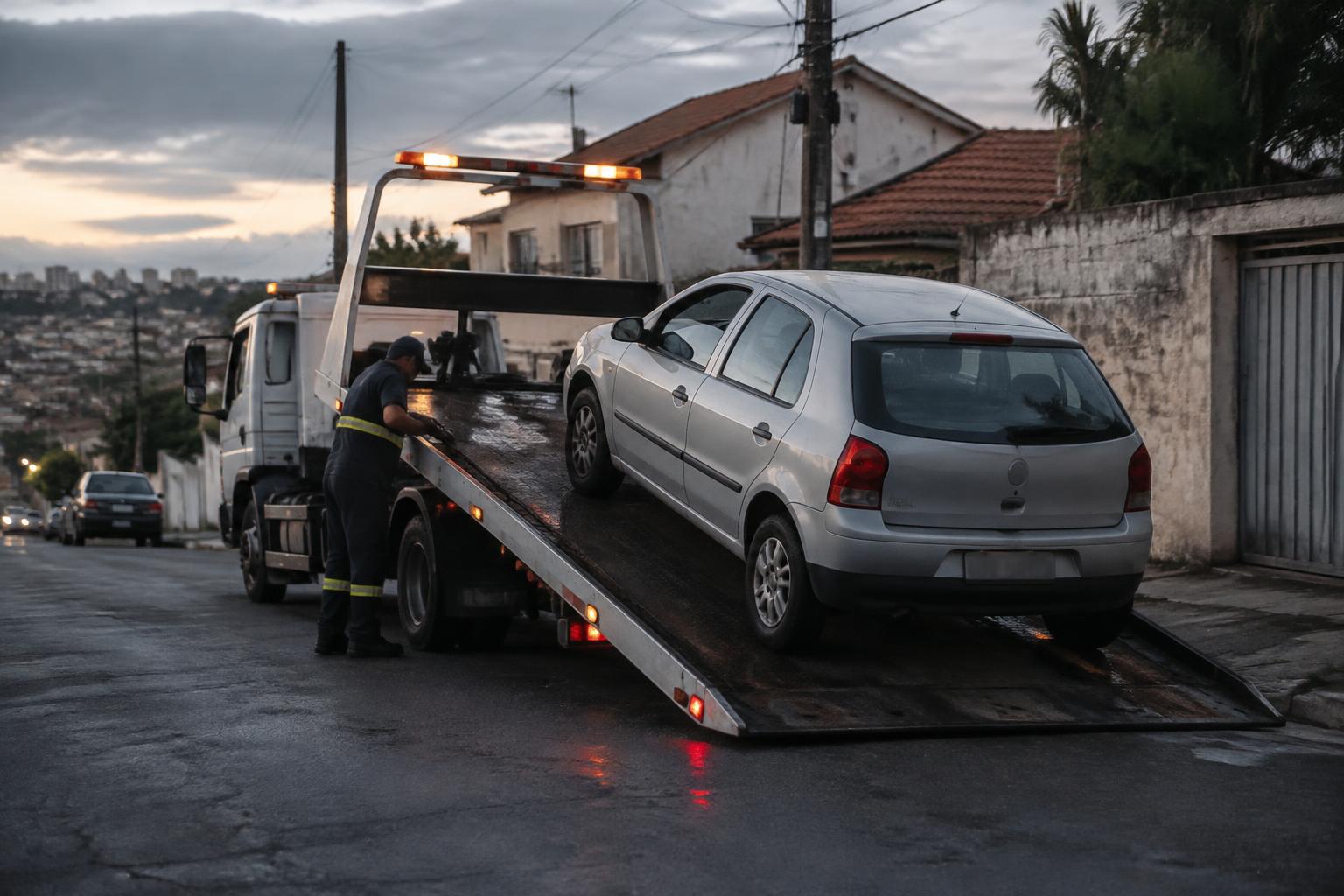 Guincho recolhendo veículo em rua residencial